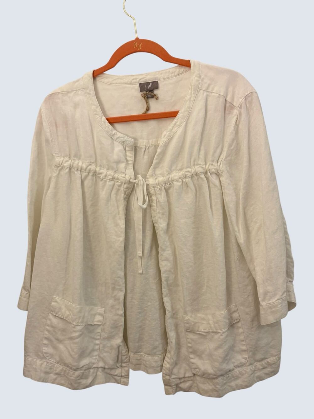 J Jill White Linen Tie Front Top 1X Boho Pockets Minimalist Basic Closet Staple